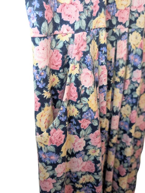Vintage Womens Medium Midi Dress navy Floral Puff Sleeve Pockets Cottagecore - Picture 5 of 7